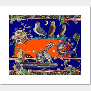 WEIRD MEDIEVAL BESTIARY MAKING MUSIC, Three Owls And Night Concert of Rabbits in Orange Blue Posters and Art